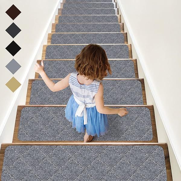 RIOLAND Non-Slip Stair Treads Carpet 15 PCS Modern Indoor Rugs for Safety Kids Dogs 8 X 30 Diamond Light Gray