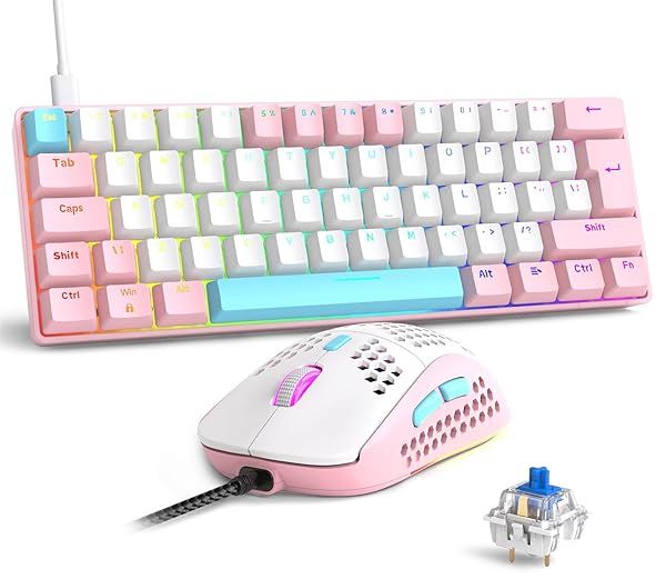 RK-T60 Wired 60% TKL Mechanical Gaming Keyboard with Rainbow Backlight and Coiled Aviator Cable for Windows Laptop PS4 PC Gamer