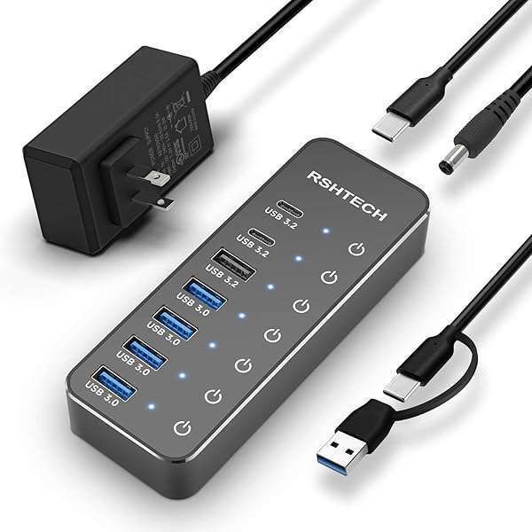 RSHTECH 7-Port USB Hub: 10Gbps USB 3.2 & USB-C Splitter for Laptop/PC with Touch Switches & 5V Power Adapter