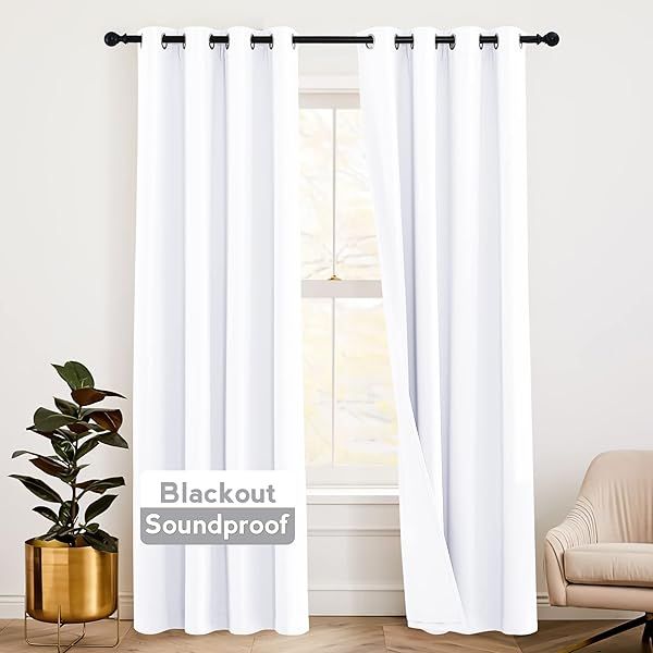 RYB HOME Soundproof Blackout Divider Curtains for Living Room Insulated Noise Shade Drapes 52x95 inches White 2 Pcs