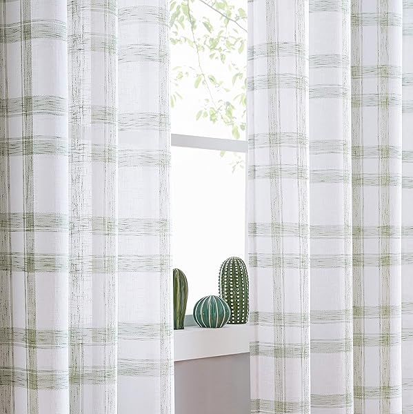 Randall Linen Window Curtain Panel Pairs 63 Inch Geometric Check Grommets Semi Sheer Heavy Rustic Farmhouse Drapes Sage Green 54x63x2