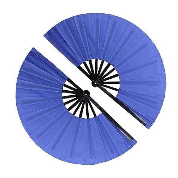 Rave 2 Pack Blue Chinese Kung Fu Tai Chi Hand Fan Large Folding Fabric Festival Fan for Women's Party Dance