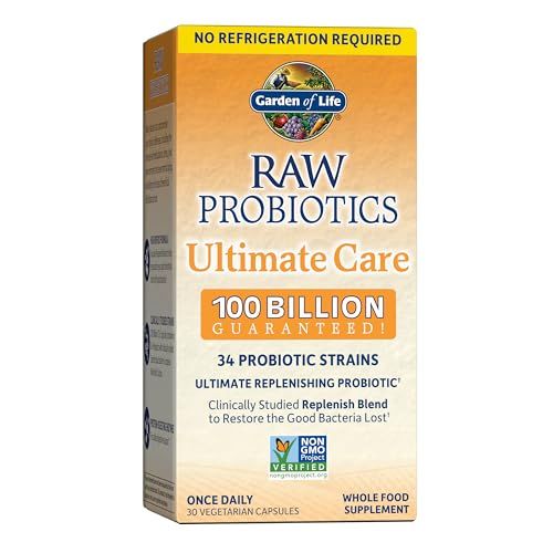 Raw Probiotics 100 Billion CFU - Shelf Stable, Digestive Enzymes, 30 Capsules for Men & Women by Garden of Life