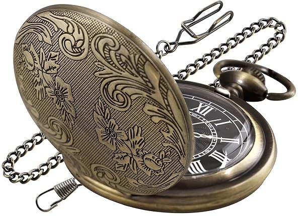 Realpoo Bronze Carved Flower Quartz Pocket Watch with Chain Clip for Men Stylish and Elegant Timepiece
