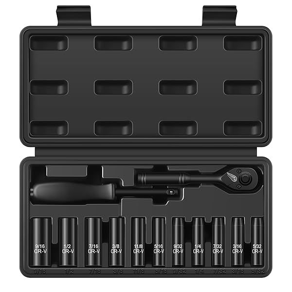 Reniteco 13 Piece 1/4 Inch Drive Socket Set SAE Deep Sockets 72 Tooth Ratchet Wrench Drive Spinner Handle 6 Point Design Cr-V