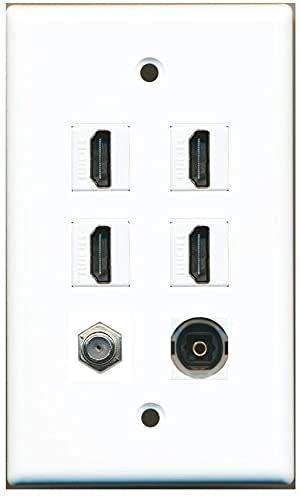RiteAV Wall Plate with 4 HDMI 1 Coax Cable TV and 1 Toslink Port in White for Easy Home Theater Setup