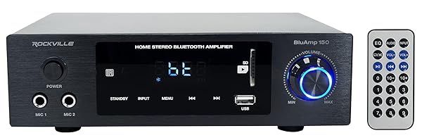 Rockville BLUAMP 150: 75W Bluetooth Home Stereo Receiver for Theater, Karaoke & Parties - Remote Included