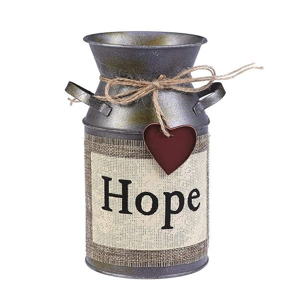 Rustic Decorative Vase with Greetings and Rope Design Metal Milk Can Country Jug for Living Room, Bedroom, Kitchen (Hope)