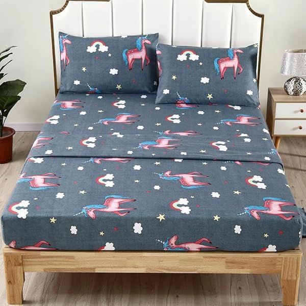 SDIII 4PCS Gray Unicorn Sheets Set Queen Soft Microfiber Cute Sheets for Kids and Unicorn Lovers