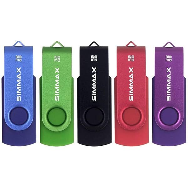 SIMMAX 32GB USB Flash Drive 5-Pack - Swivel Design, USB 2.0 Memory Sticks in Blue, Green, Black, Red & Purple