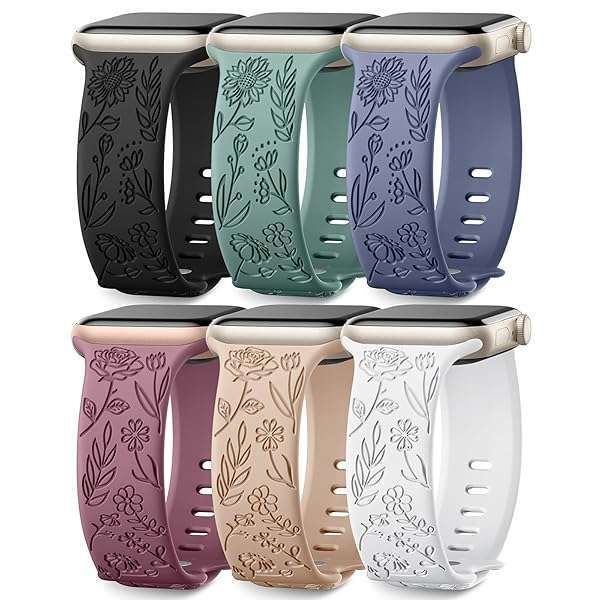 SNBLK 6-Pack Floral Apple Watch Bands for Women - Water-Resistant Silicone, 38mm-49mm, Rose & Sunflower Designs