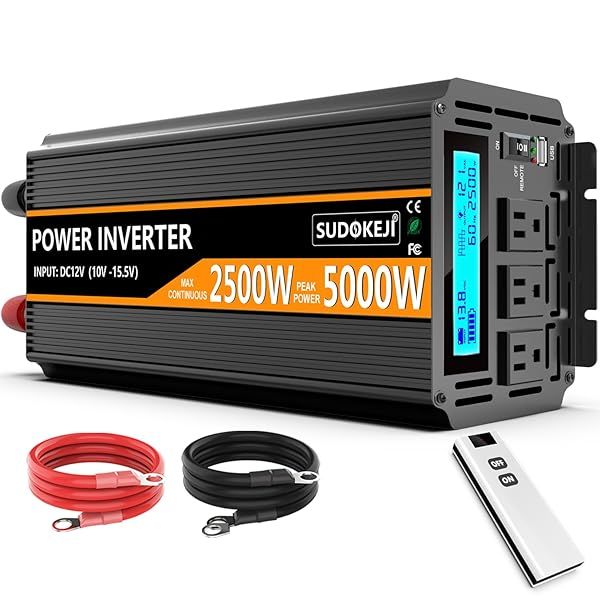 Buy SUDOKEJI 2500W Power Inverter - 12V DC to AC 110V/120V, 5000W Peak, 3 Sockets, Remote Control & USB Port