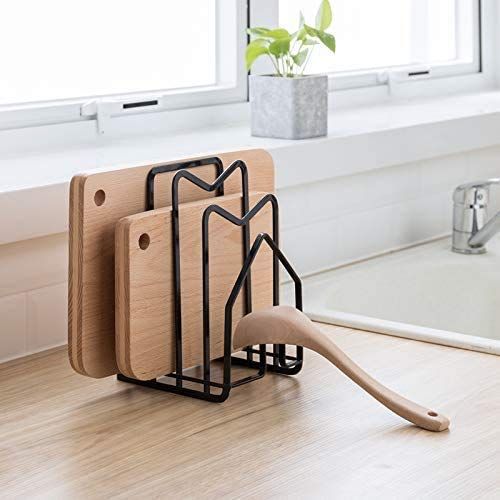 SUNFICON Cutting Board Rack & Organizer - Stylish Kitchen Stand for Boards, Pots & Lids - Compact Black Steel Design