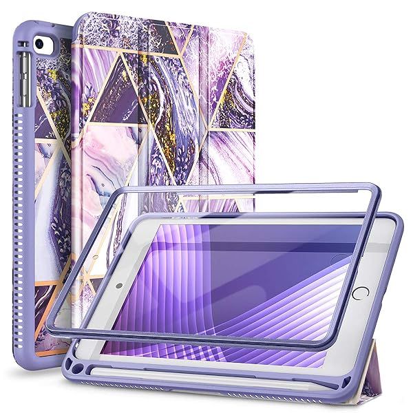 Suritch iPad Mini 4/5 Case with Screen Protector & Pencil Holder - Purple Marble Trifold Stand Cover