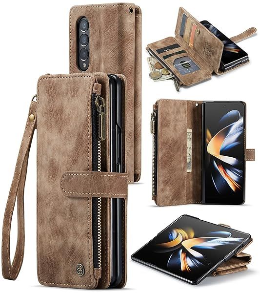 Samsung Galaxy Z Fold 4 5G Wallet Case: Leather Flip with Card Holder, Kickstand & Zipper Pocket (Brown)