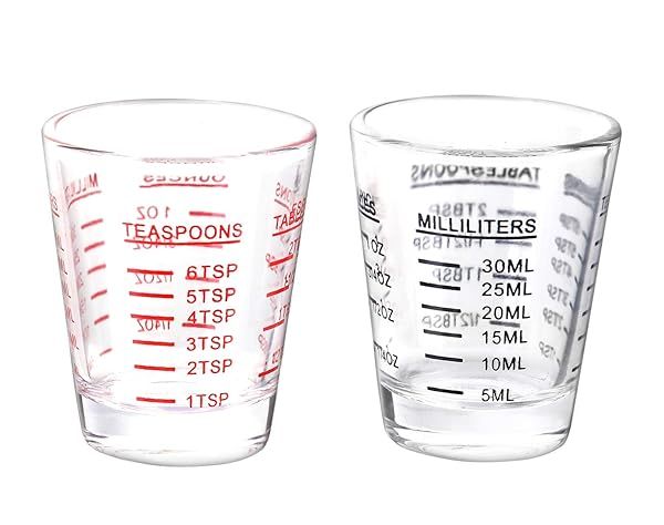 Heavy Glass Shot Glasses & Measuring Cup Set - 2 Pack with 26 Measurements (1oz, 30ml) - Black & Red Espresso Glasses