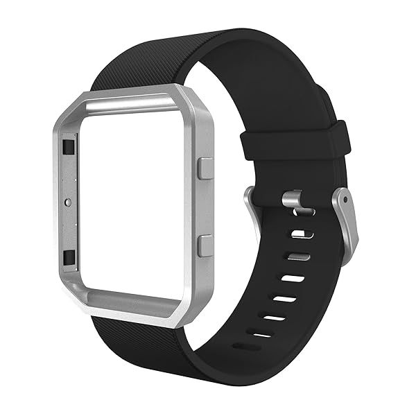 Simpeak Sport Band for Fitbit Blaze - Durable Silicone Wristband with Metal Frame for Men & Women, Large, Black & Silver