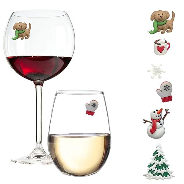 Simply Charmed Wine Charms and Magnetic Glass Markers Set of 6 Fun Winter Designs Snowman Snowflake Puppy Dog
