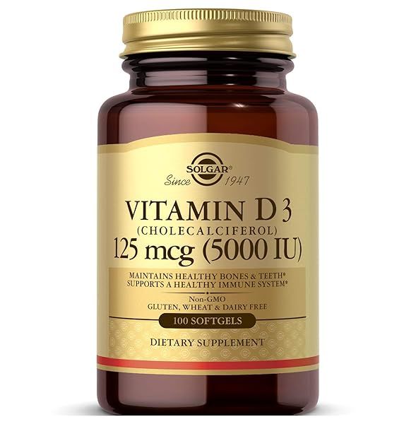 Solgar Vitamin D3 125 MCG (5000 IU) - 100 Softgels for Healthy Bones, Immune Support - Non-GMO, Gluten-Free, Dairy-Free