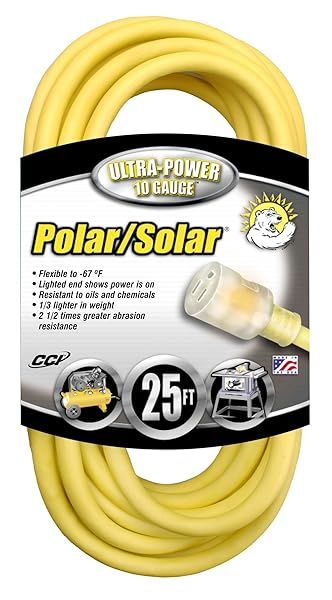 Southwire 25ft Heavy Duty Extension Cord - 10 Gauge, Lighted Ends, SJEOOW, Yellow | Ideal for Polar/Solar Use