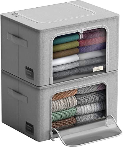 Stackable Storage Bins with Metal Frame - Foldable Oxford Fabric Organizers for Clothes, Bedding & More
