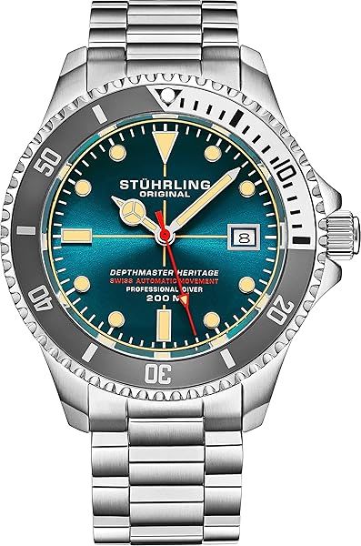 Stuhrling Original Men's Swiss Automatic Dive Watch - 200M Water Resistant, Stainless Steel, Professional DEPTHMASTER