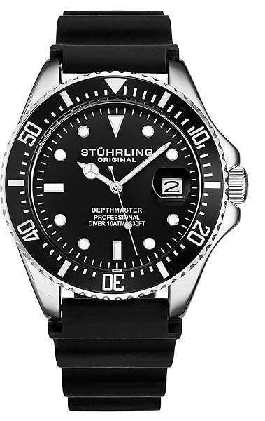 Stuhrling Original Men's Dive Watch - 42mm Silver Case, Screw Down Crown, 330FT Water Resistant, Black Rubber Strap