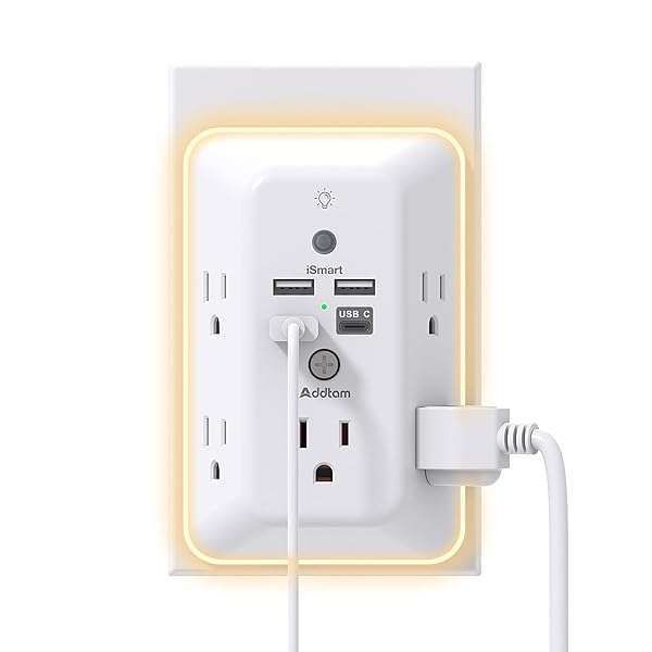 Addtam 5-Outlet Surge Protector with Night Light & 4 USB Ports - Essential Multi Plug for Home, Office & Dorm Room