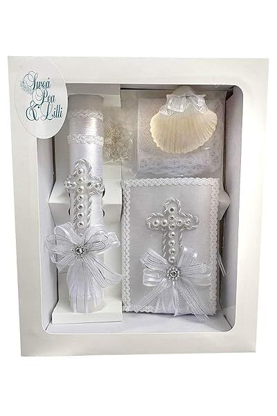 Swea Pea Lilli White Pearl Cross Baptism Candle Set Kit for Christenings and Shell in Spanish