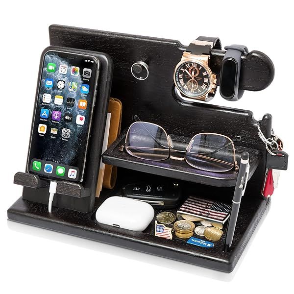 TESLYAR Wood Phone Docking Station: Stylish Desk Organizer & Gift for Men - Perfect for Birthdays & Anniversaries