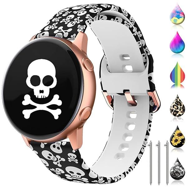 TOOLAIK 20mm Floral Watch Band for Samsung Active 2 & Galaxy Watch 3 - Stylish Black Skull Silicone Strap for Women