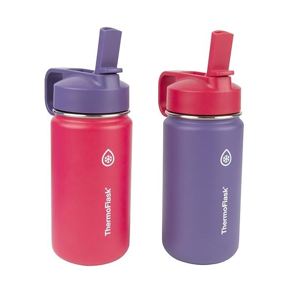 ThermoFlask 14 oz Double Wall Vacuum Insulated Water Bottles - 2-Pack in Punch & Eggplant Colors