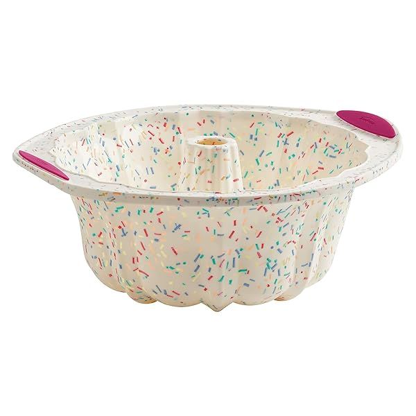 Trudeau 5118558 Structure Fluted Cake Pan Silicone Bakeware Medium Confetti White for Perfect Baking Results