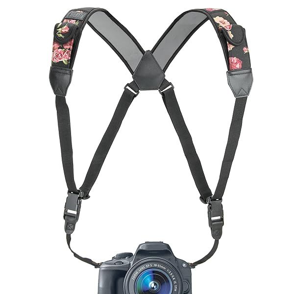 USA Gear Floral DSLR Camera Strap Chest Harness - Quick Release, Accessory Pockets, Compatible with Canon, Nikon, Sony & More