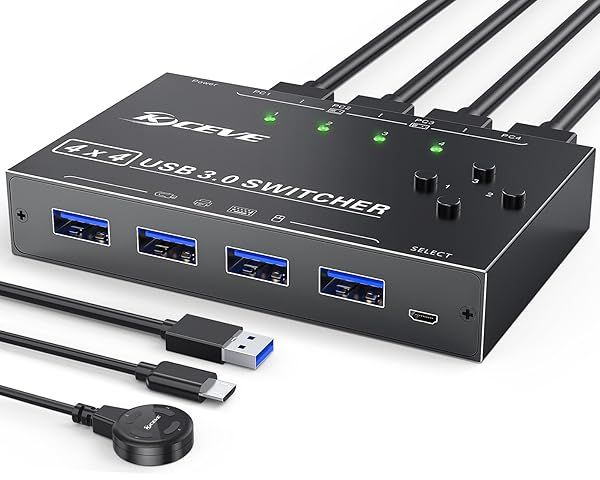 MLEEDA USB 3.0 Switch Selector: 4-Port KVM for 4 Computers & USB Devices with Remote Button & Cables