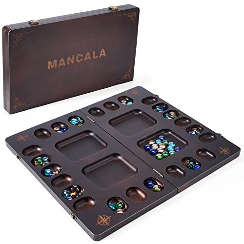 VAMSLOVE Luxury Solid Wood Mancala Board Game Set for 4 Players with Bonus Glass Stone Beads and Game Instructions Included