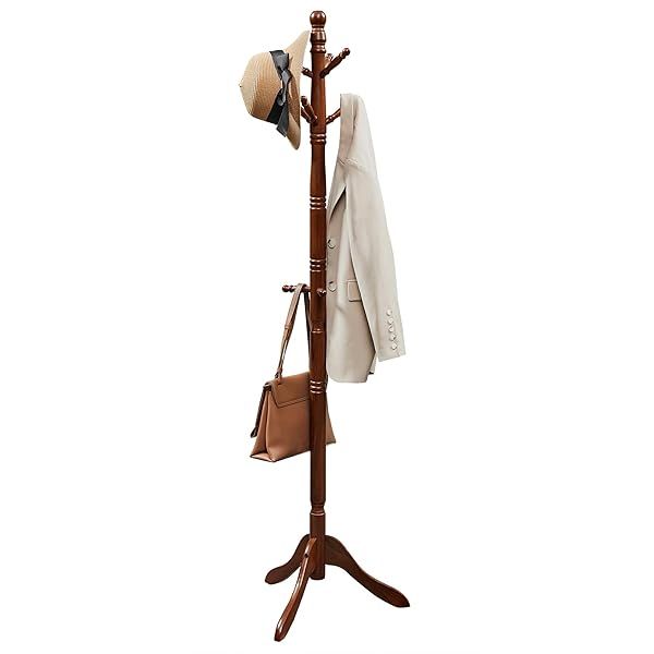 VASAGLE Solid Wood Coat Rack - 10 Hook Free Standing Hall Tree for Entryway & Hallway in Dark Walnut