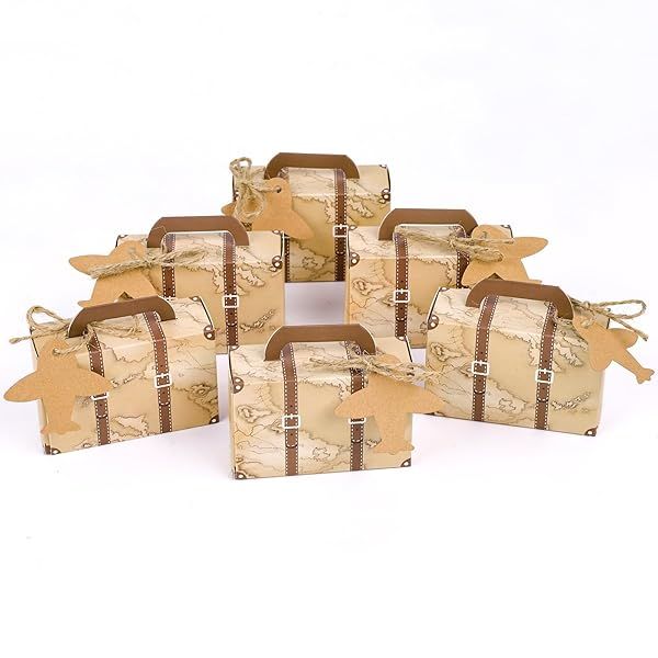 VGOODALL 50PCS Mini Suitcase Favor Boxes Vintage Kraft Paper Gift Bags for Party Wedding Decor with Tags and Twine Brown