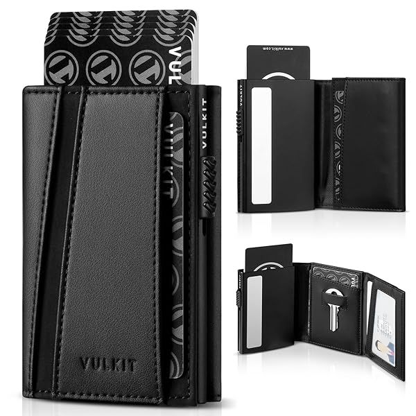 VULKIT Minimalist Wallet Pop Up Card Holder Metal Case RFID Blocking with Coin Purse and Key Hole for Men Black