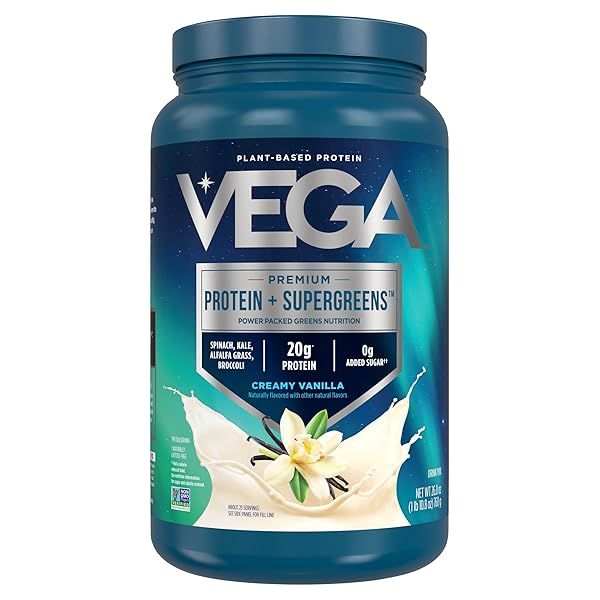 Vega Protein & Greens Vanilla Powder - 20g Plant-Based Protein, Vegan, Non-GMO, 1.7 lbs for Men & Women