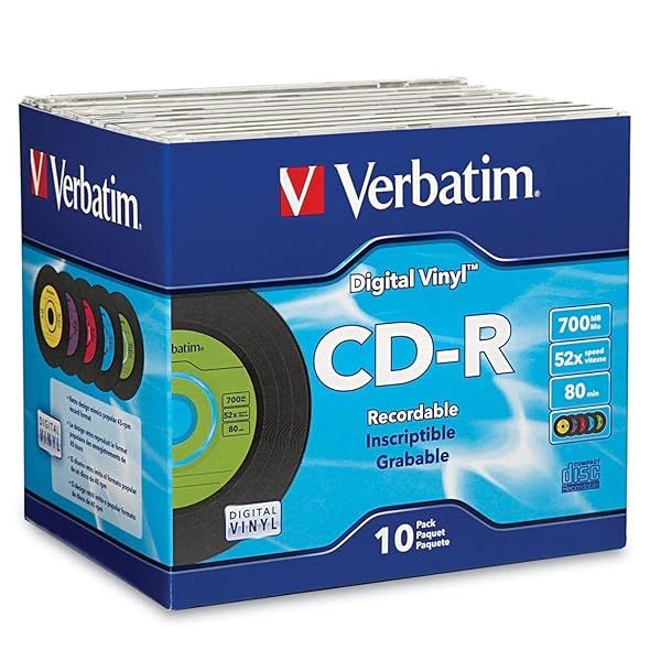 Verbatim CD-R Blank Discs 700MB 80min 52X - 10pk Colorful Slim Cases for Data & Music