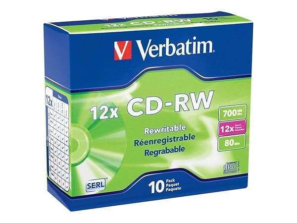 Verbatim CD-RW 700MB 4X-12X Rewritable Discs - 10 Slim Jewel Cases, Silver | High-Quality Blank Media