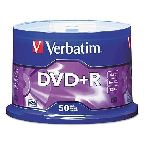 Verbatim DVD+R Blank Discs 4.7GB 16X - 50 Pack Spindle with AZO Dye for High-Quality Recording