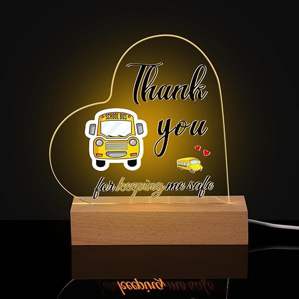Vesici Graduation School Bus Driver Acrylic LED Night Light Heart Shaped Thank You Lamp for Bus Driver Retirement Gifts