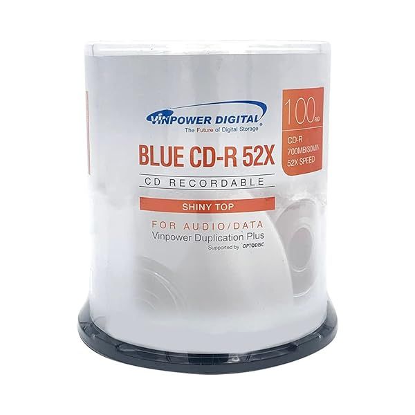 Vinpower Digital Blue AZO CD-R 700MB 52X - 100 Pack Shiny Silver Recordable Discs for High-Quality Storage