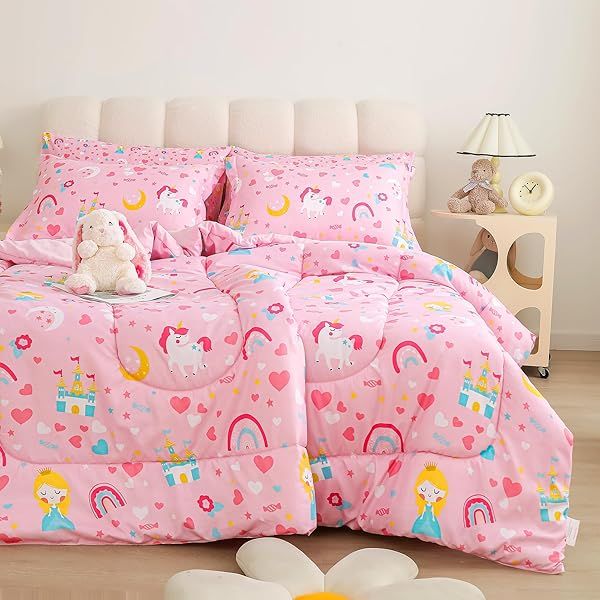 Viviland Girls Twin Comforter and Sheet Set 5 Pieces Machine Washable Pink Unicorn Princess Rainbow Bedding