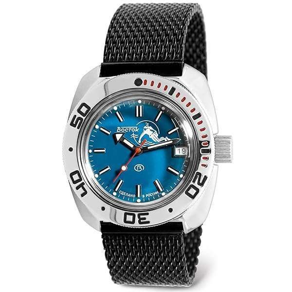 Vostok Amphibia 710059: Automatic Diver Watch with Black Milanese Bracelet - Scuba Dude Edition