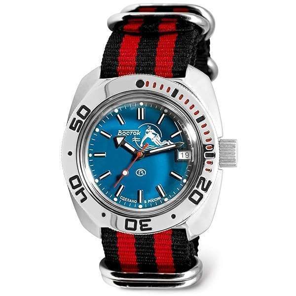 Vostok Amphibia 710059: Automatic Diver Watch with Black-Red Strap - Scuba Dude Edition