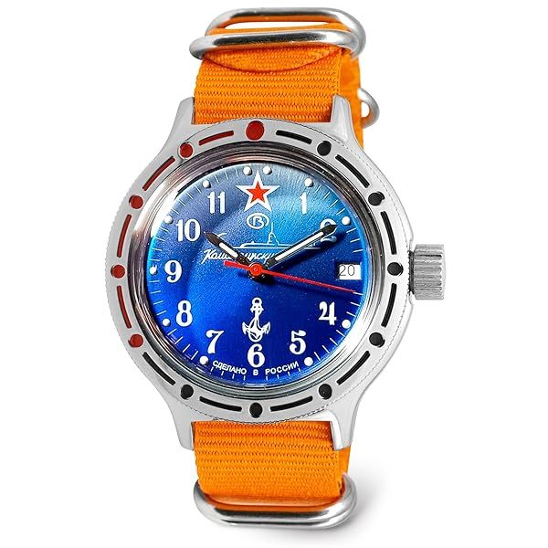 Vostok Men's Amphibian Diver Watch 420289 | Russian Military Style | WR 200m | Orange Strap