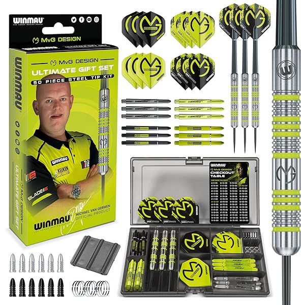 WINMAU Michael Van Gerwen 50-Piece Steeltip Darts Gift Set - Complete with Shafts, Flights & Accessories